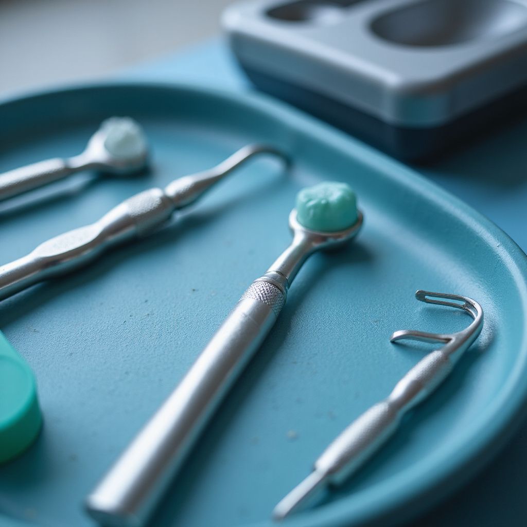 Due chirurghi eseguono un intervento odontoiatrico su una donna sorridente in una clinica, tutti e due indossando la divisa chirurgica blu.