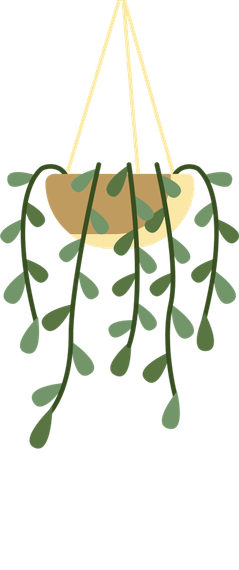 Hanging potted plant with green leaves and a tan pot, suspended by light yellow strings.