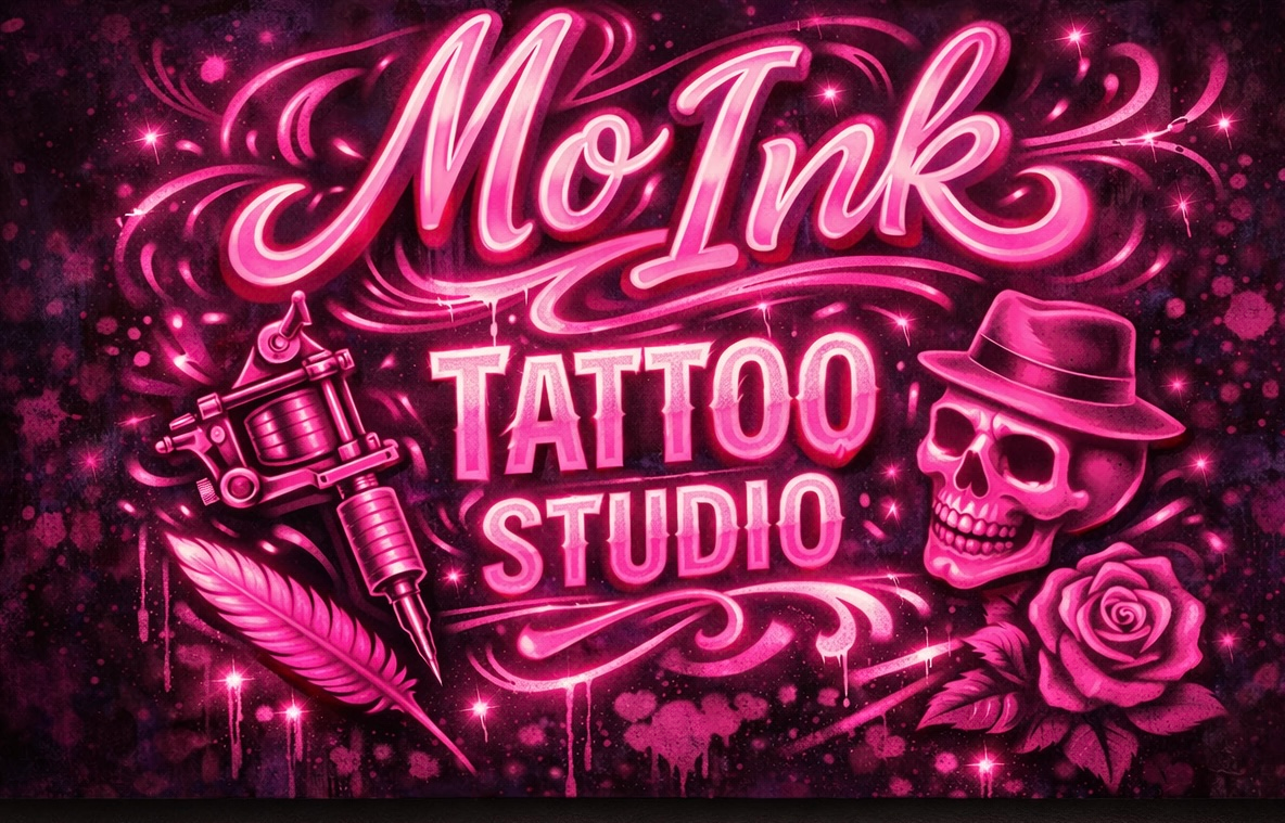 Pink neon “Mo’Ink Tattoo Studio” sign with a tattoo machine, feathers, and roses