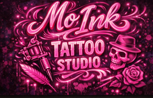 Pink neon &ldquo;Mo&rsquo;Ink Tattoo Studio&rdquo; sign with a tattoo machine, feathers, and roses