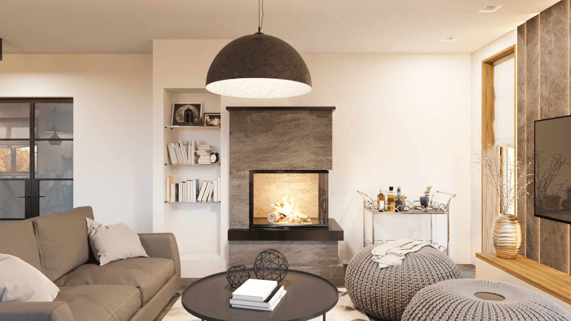 living room with home automation and fireplace