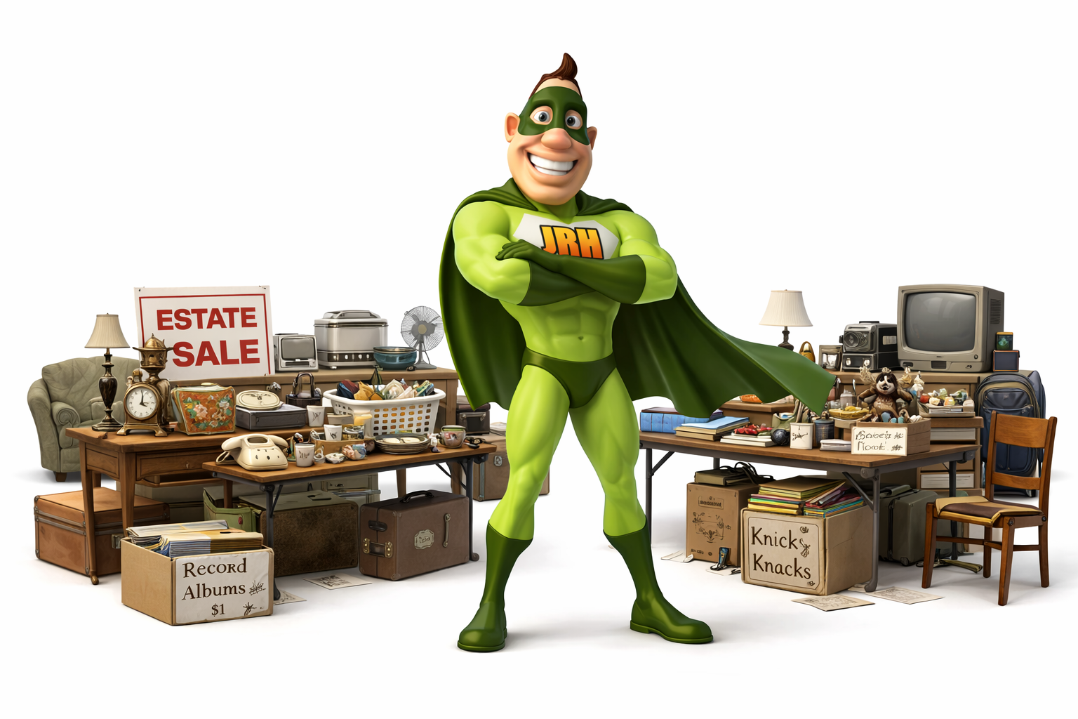 Superhero in green costume with arms crossed, in front of tables laden with estate sale items.