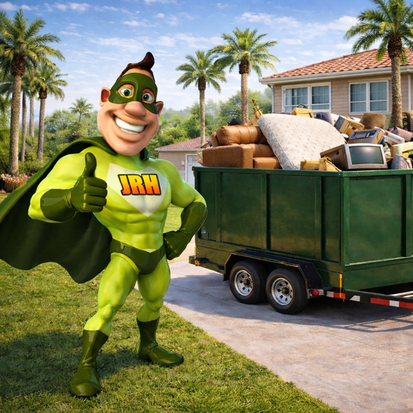 Green superhero giving thumbs up next to a dumpster trailer overflowing with debris in front of a house.