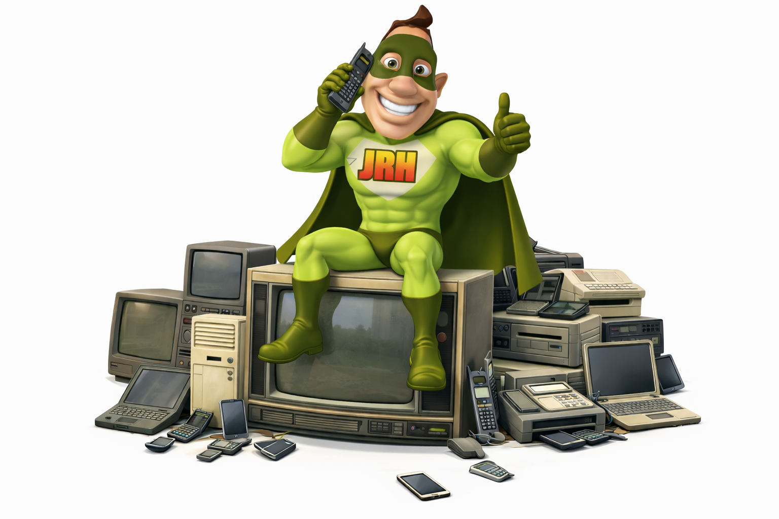 Superhero on old electronics giving thumbs up and on the phone.