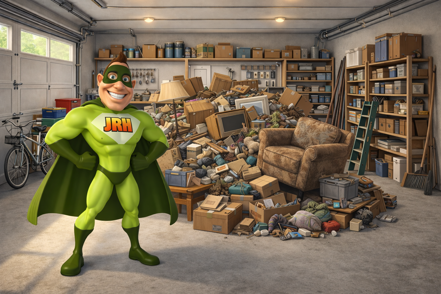 Superhero in green suit stands in a cluttered garage with boxes, furniture, and shelving.