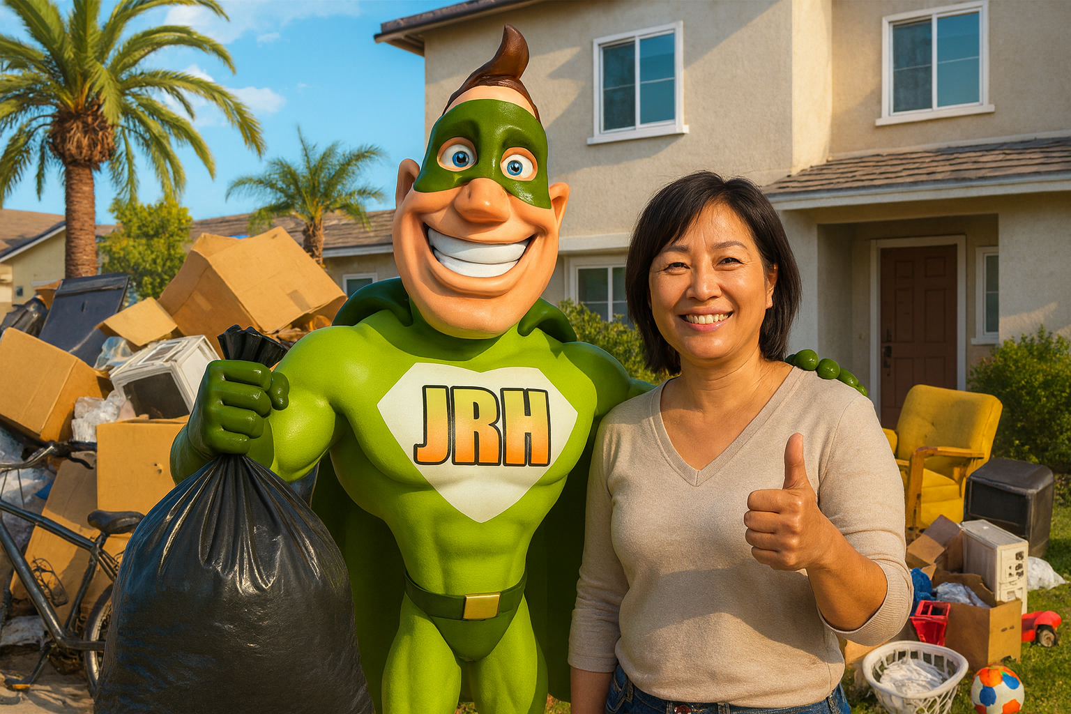 Smiling woman gives thumbs-up next to green superhero holding trash bag and pile of junk in front of a house.