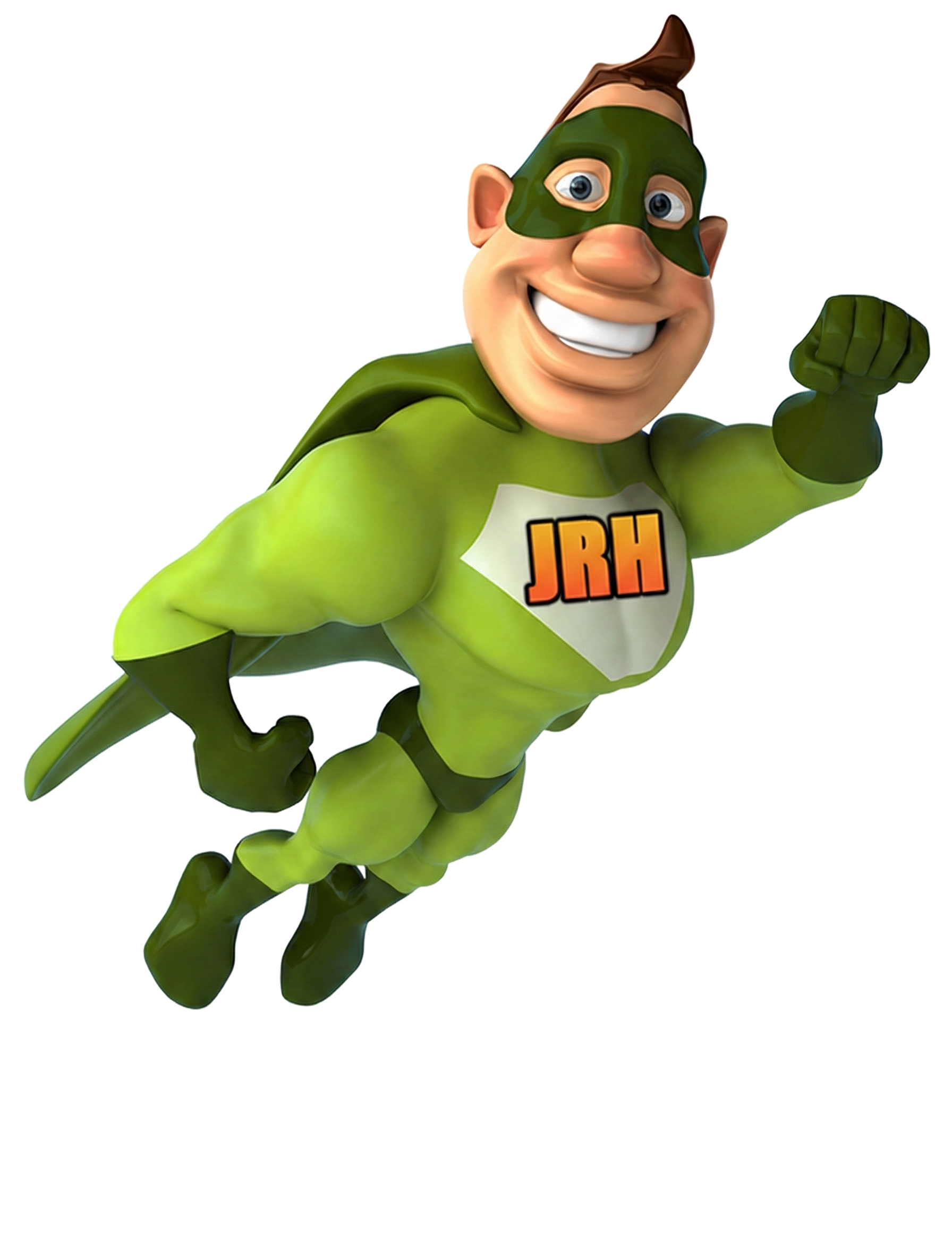 Superhero in green suit with JRH logo
