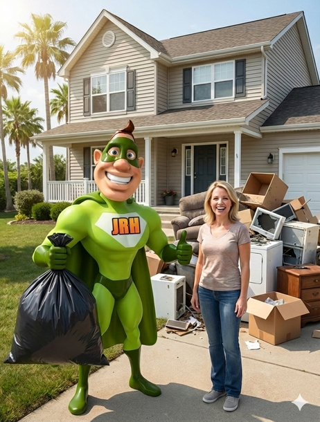 A smiling superhero and woman stand near a house filled with junk and cardboard boxes on a sunny day.