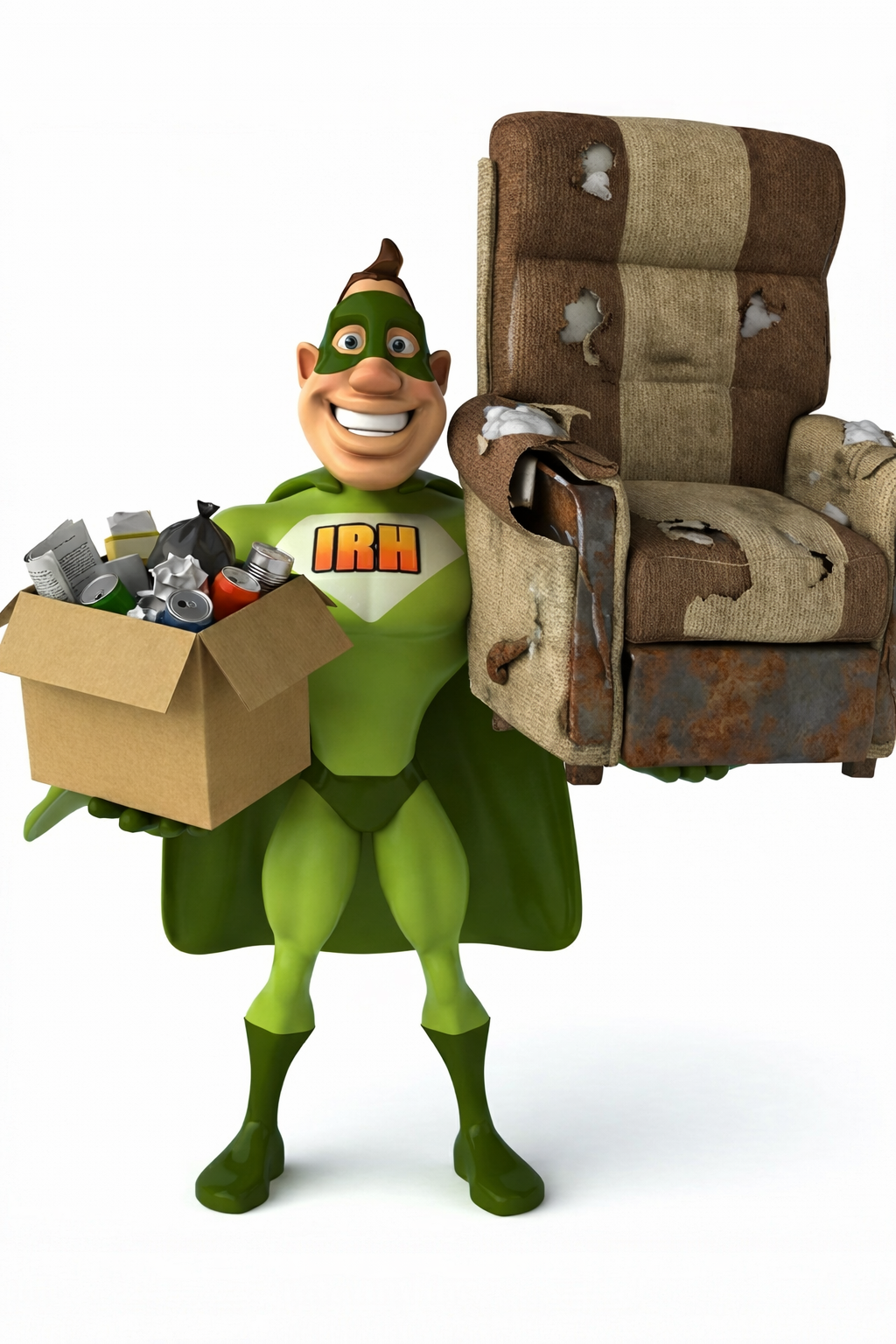 Superhero in green costume, holding cardboard box of trash and an old chair.