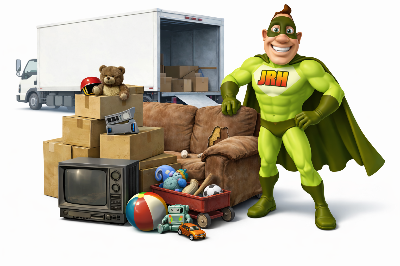 Moving superhero stands by a truck and packed boxes, couch, and toys.