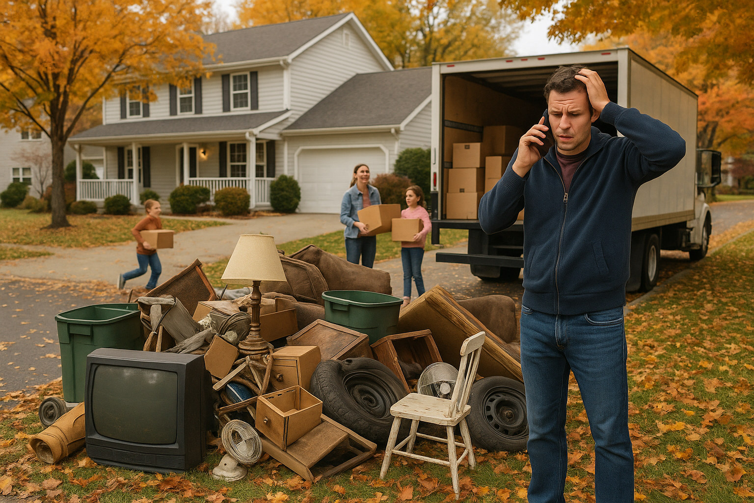 Man on phone stressed, moving day chaos: Family, boxes, truck, yard debris, suburban house.