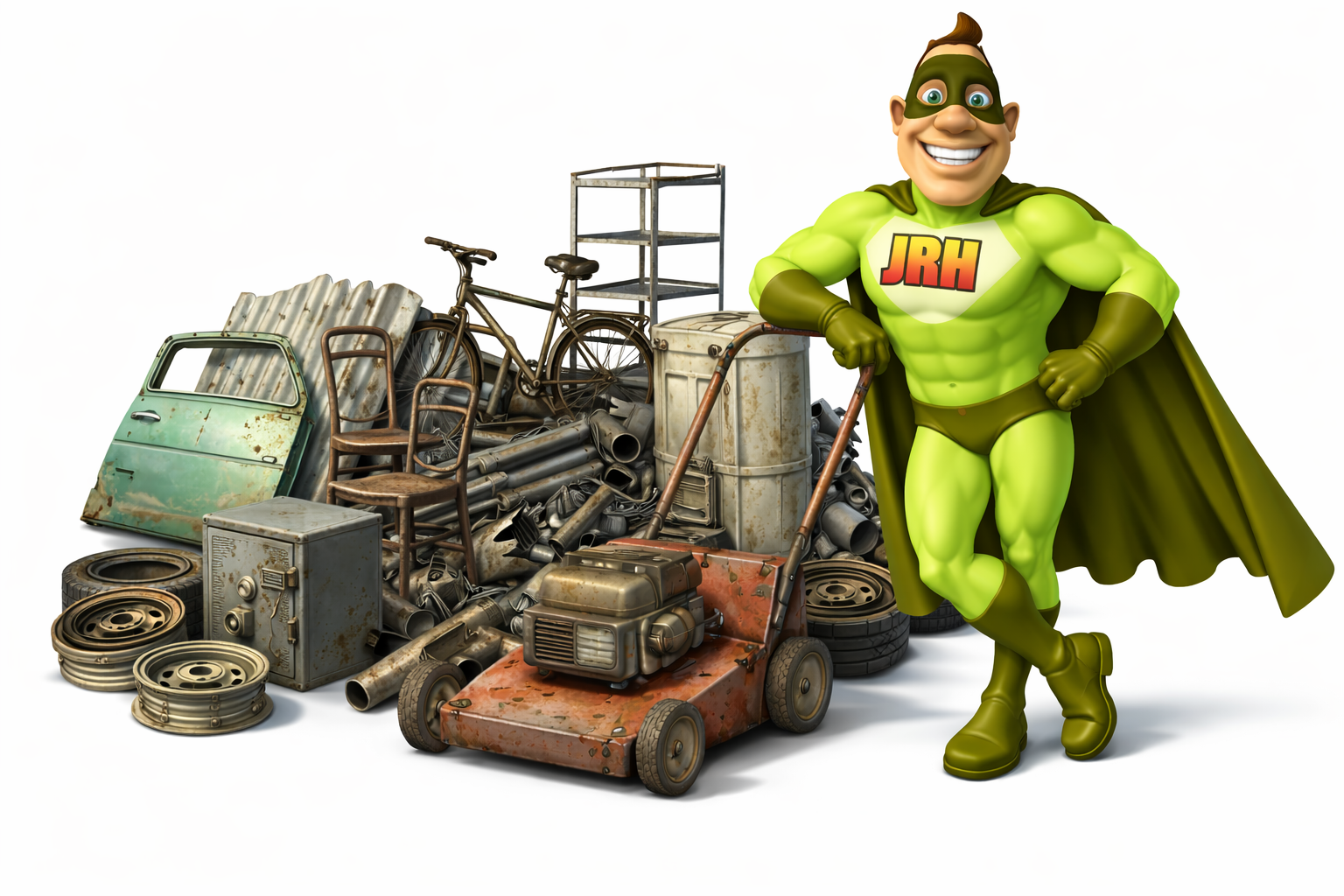 Junk Hero leaning on pile of scrap metal and junk.