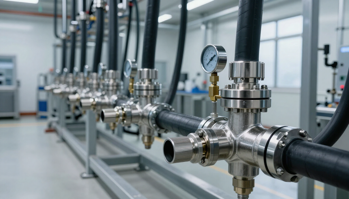 Sistema industrial de mangueras y conexiones en operación