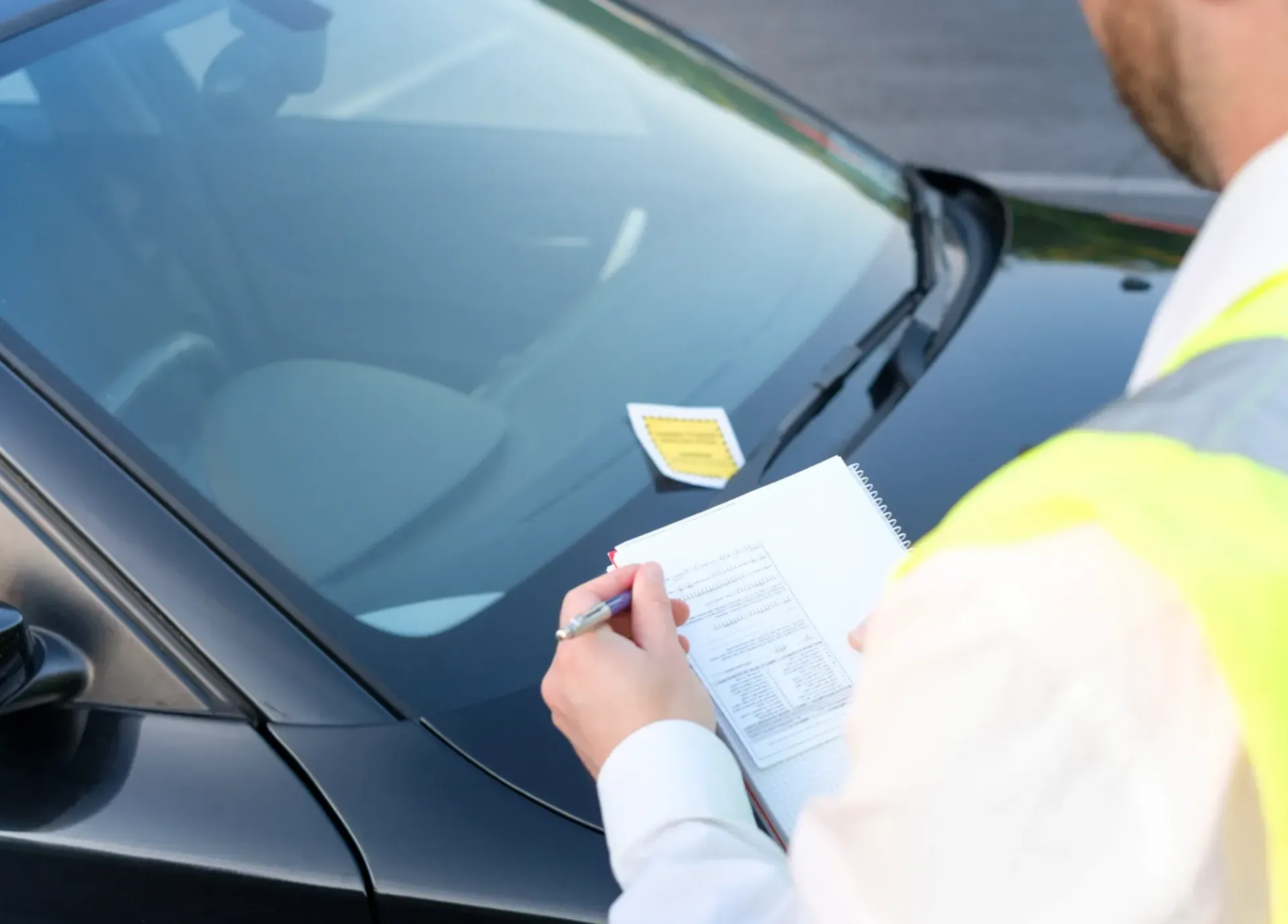 Parking Enforcement Officer Writing A Ticket On A Windshield Of A Black Car - Queensland Lawyers in Cairns QLD