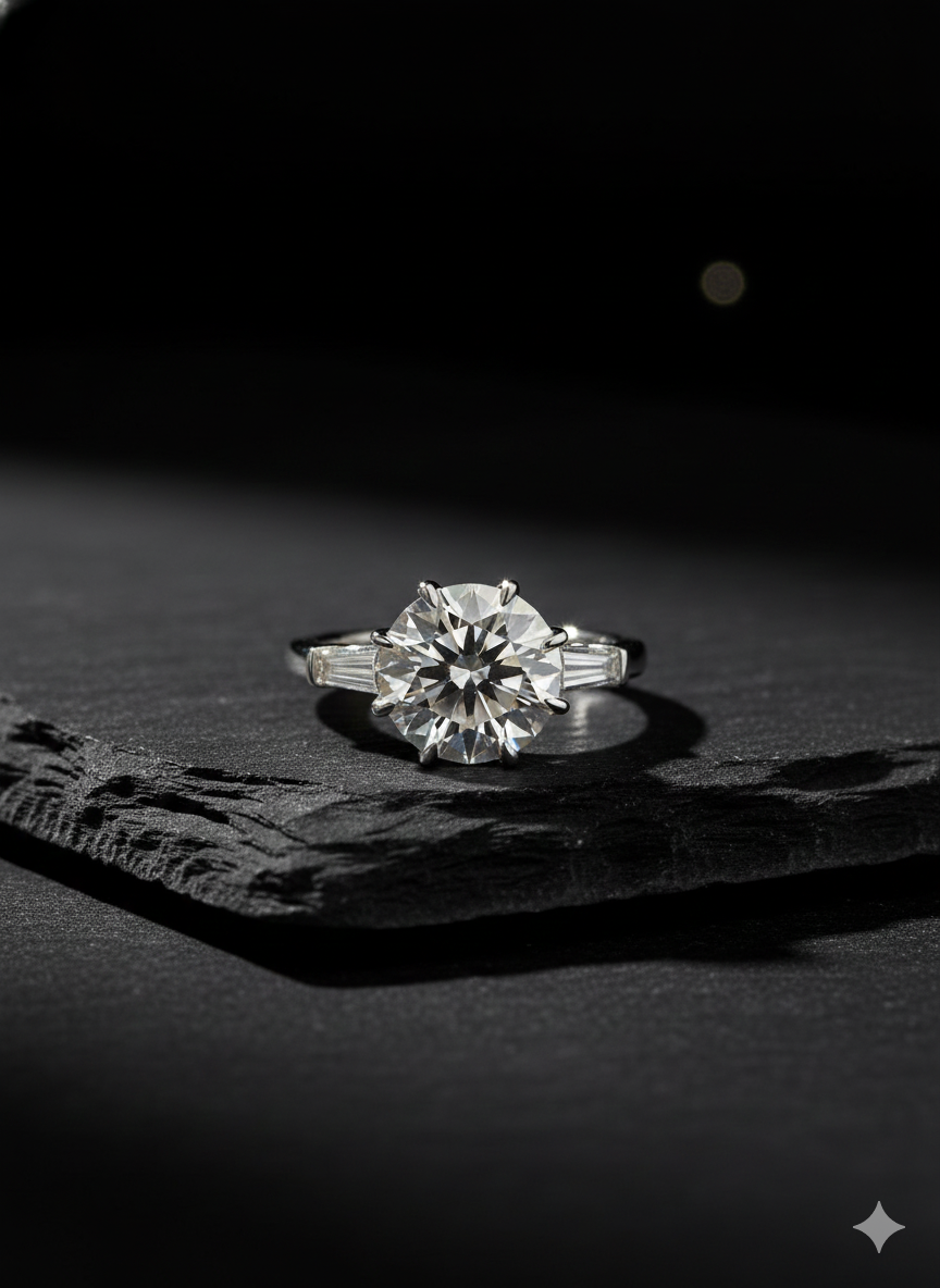 Diamond engagement ring on a dark stone with a black background.