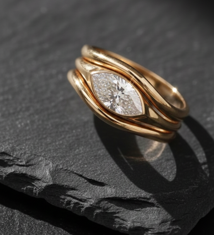 Gold ring with marquise-cut diamond on a dark, textured surface.