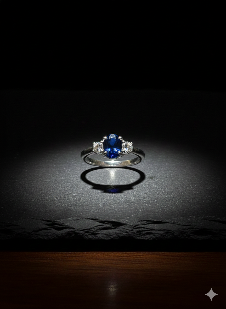 Oval sapphire ring with two small side diamonds on a dark, textured surface, illuminated.