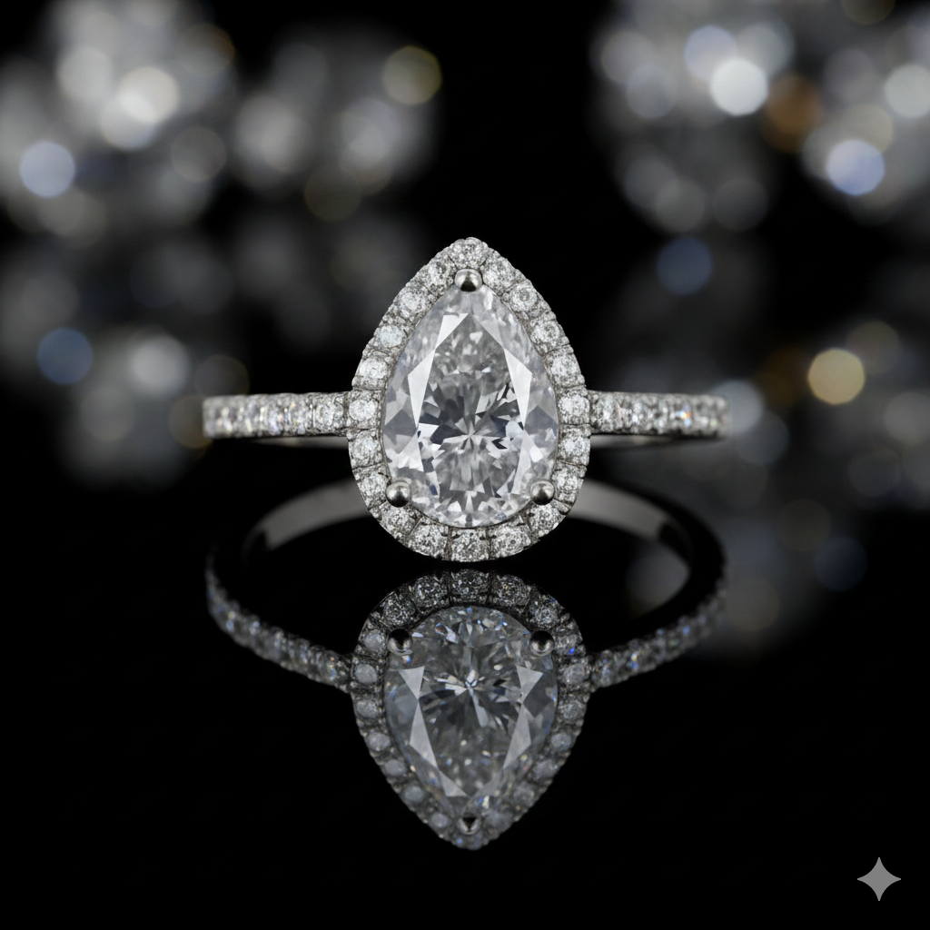 Pear-shaped diamond engagement ring with a halo of smaller diamonds, set on a thin band, reflected on a black surface.