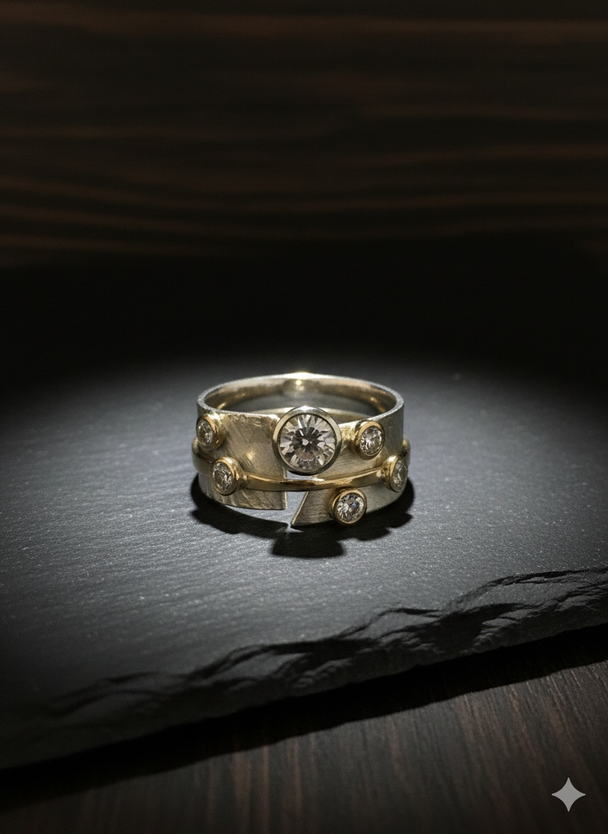 Two silver rings with embedded gemstones on a dark stone surface.