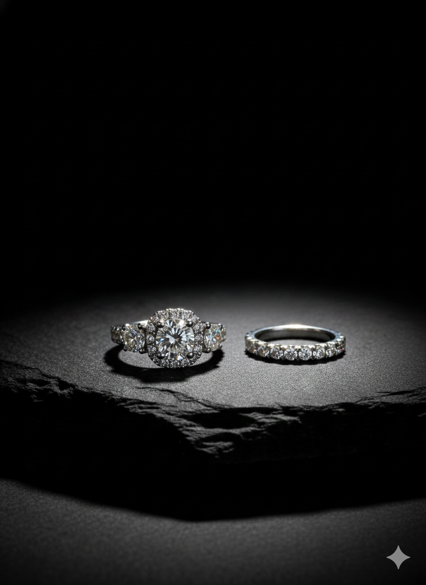 Two diamond rings on a dark stone surface, lit by a spotlight.