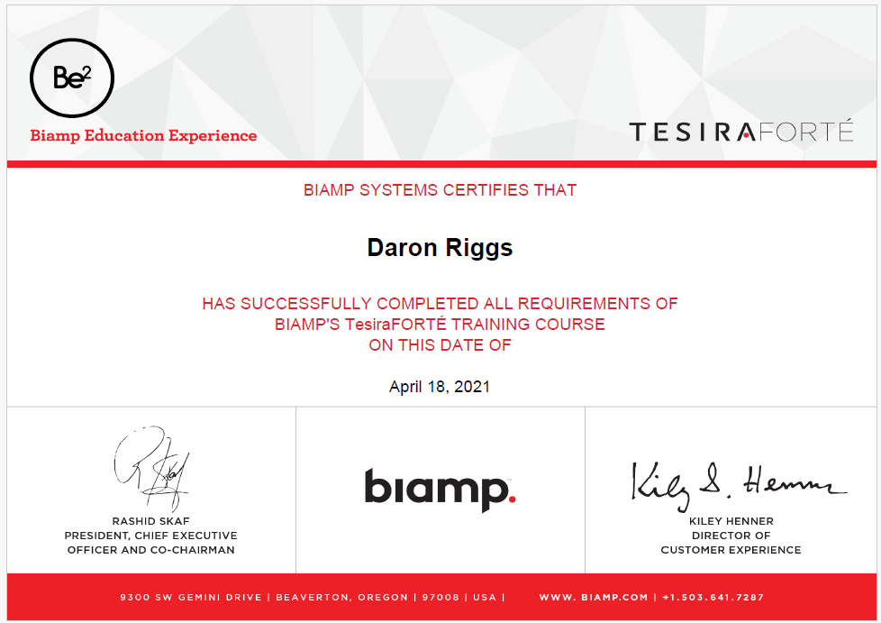 Certificate of Competed Required Training from Biamp