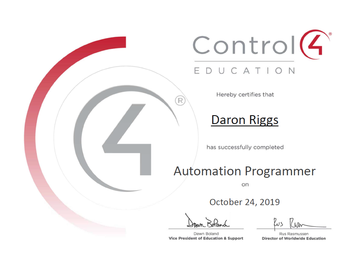 Certification from Control 4 for automation programing