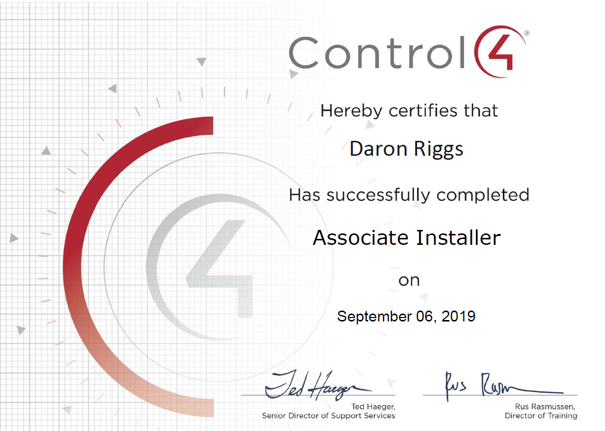 Certification from the Manufacturer of Control 4 products and Automation Solutions.