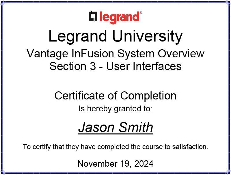 Vantage Lighting Automation Certificate
