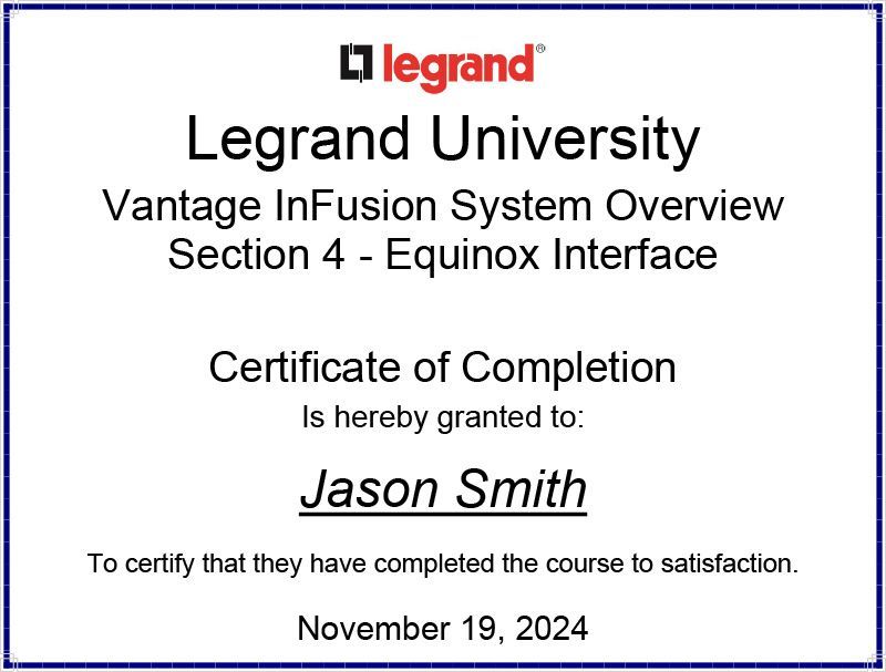 Vantage Lighting Automation Certificate