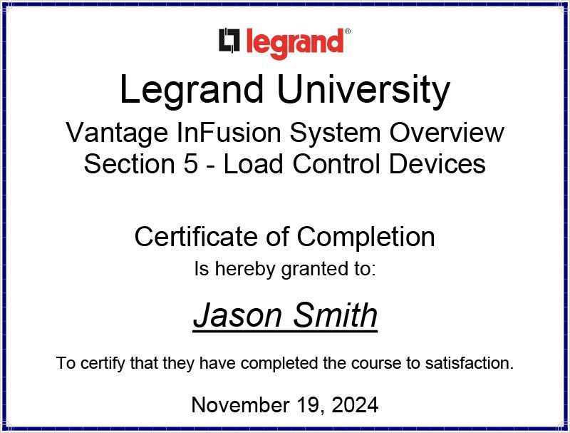 Vantage Lighting Automation Certificate