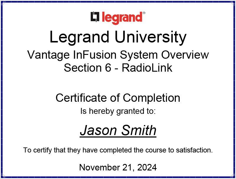 Vantage Lighting Automation Certificate