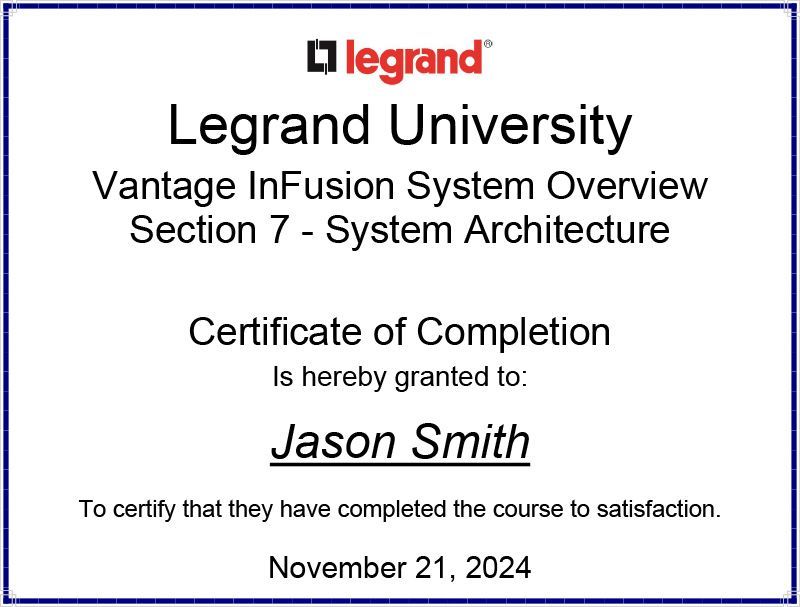 Vantage Lighting Automation Certificate