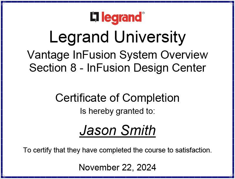 Vantage Lighting Automation Certificate