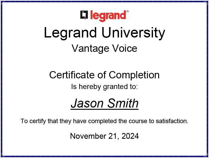 Vantage Lighting Voice Automation Certificate