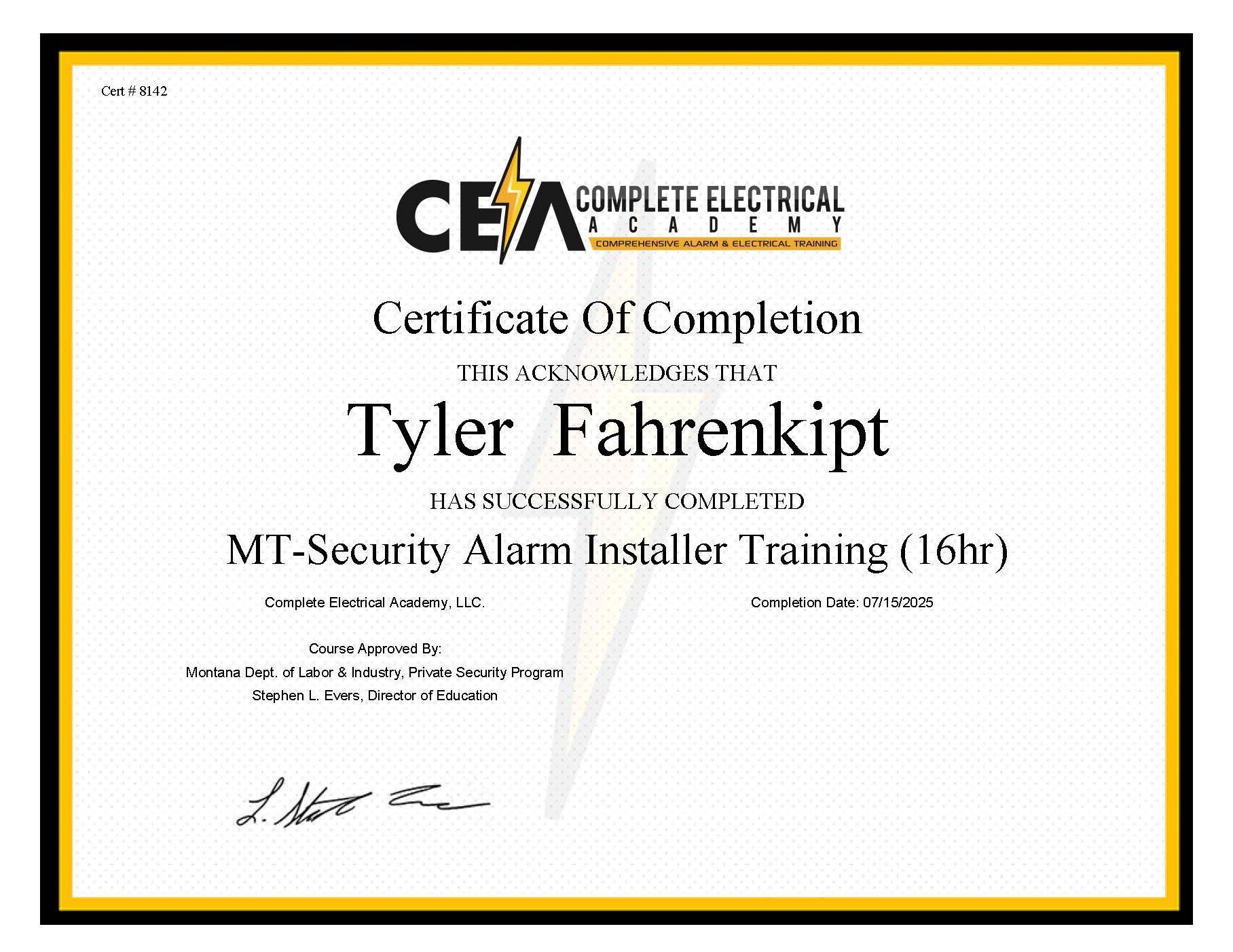 Montana Security Alarm Installer Training 16 hours