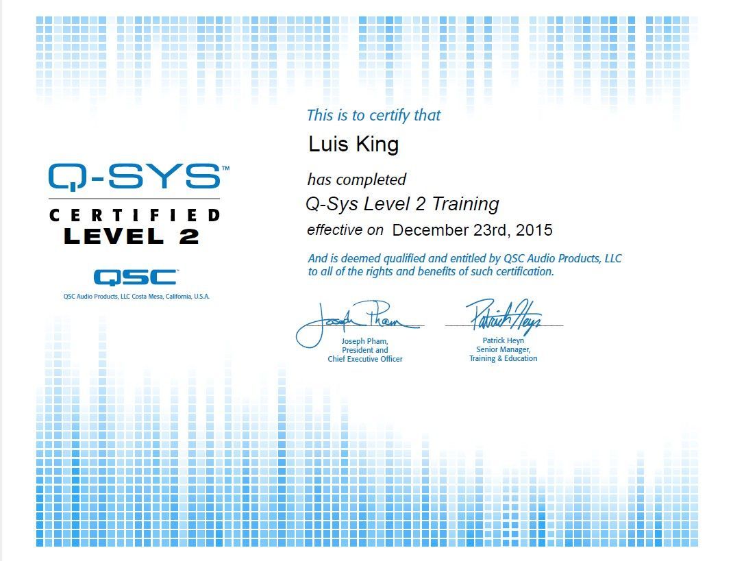 A certificate that says q-sys certified level 2