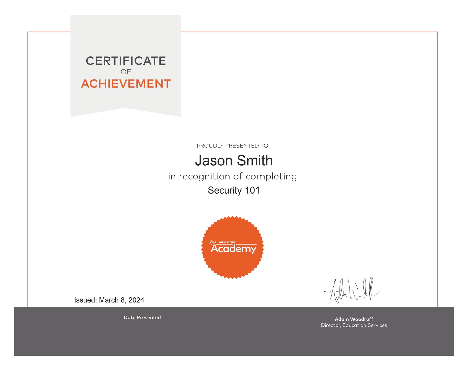 A certificate of achievement for jason smith in recognition of completing security 101