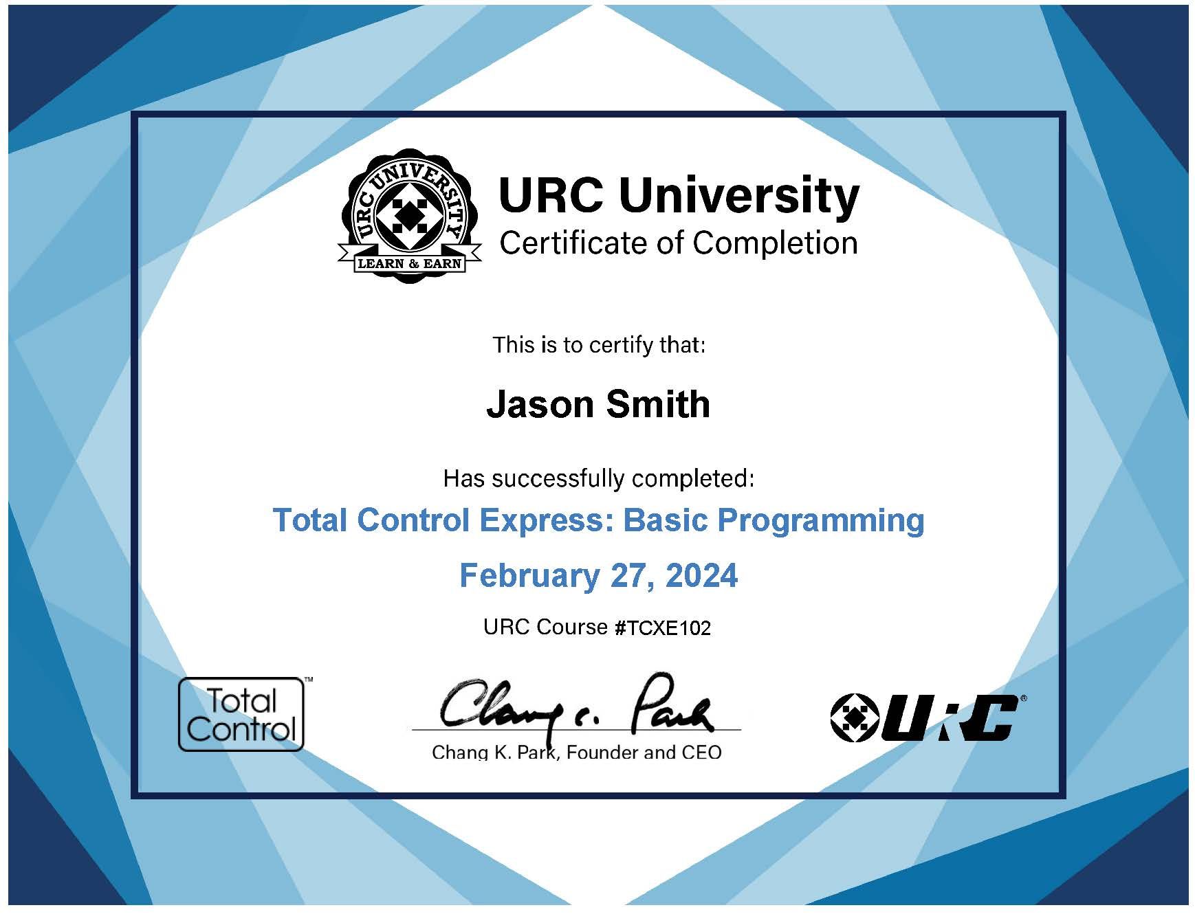 Urc university certificate of completion for jason smith