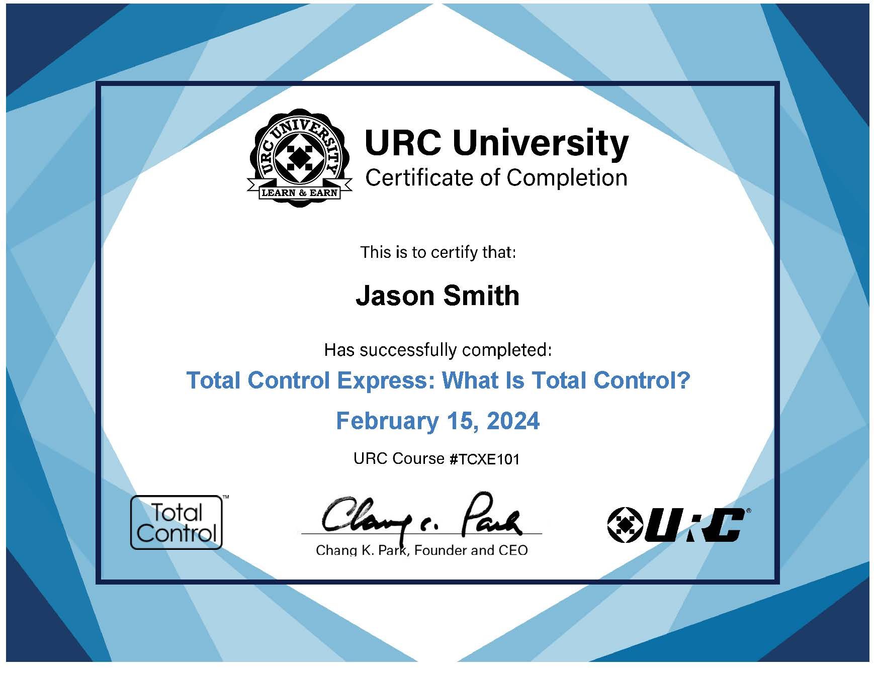 Urc university certificate of completion for jason smith