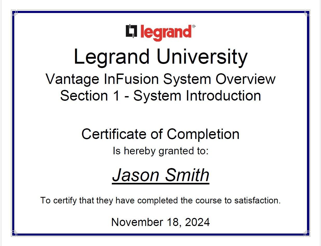 A legrand university certificate of completion for jason smith