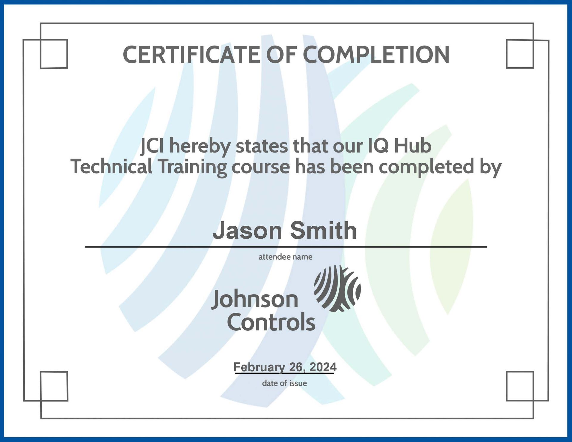 A certificate of completion for jason smith from johnson controls