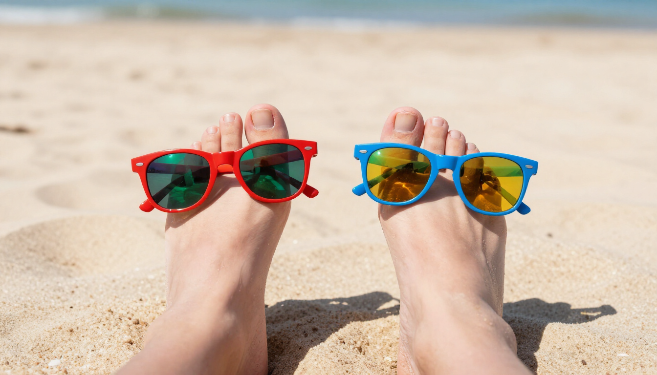 Humorous feet with sunglasses on a beach representing summer foot safety.