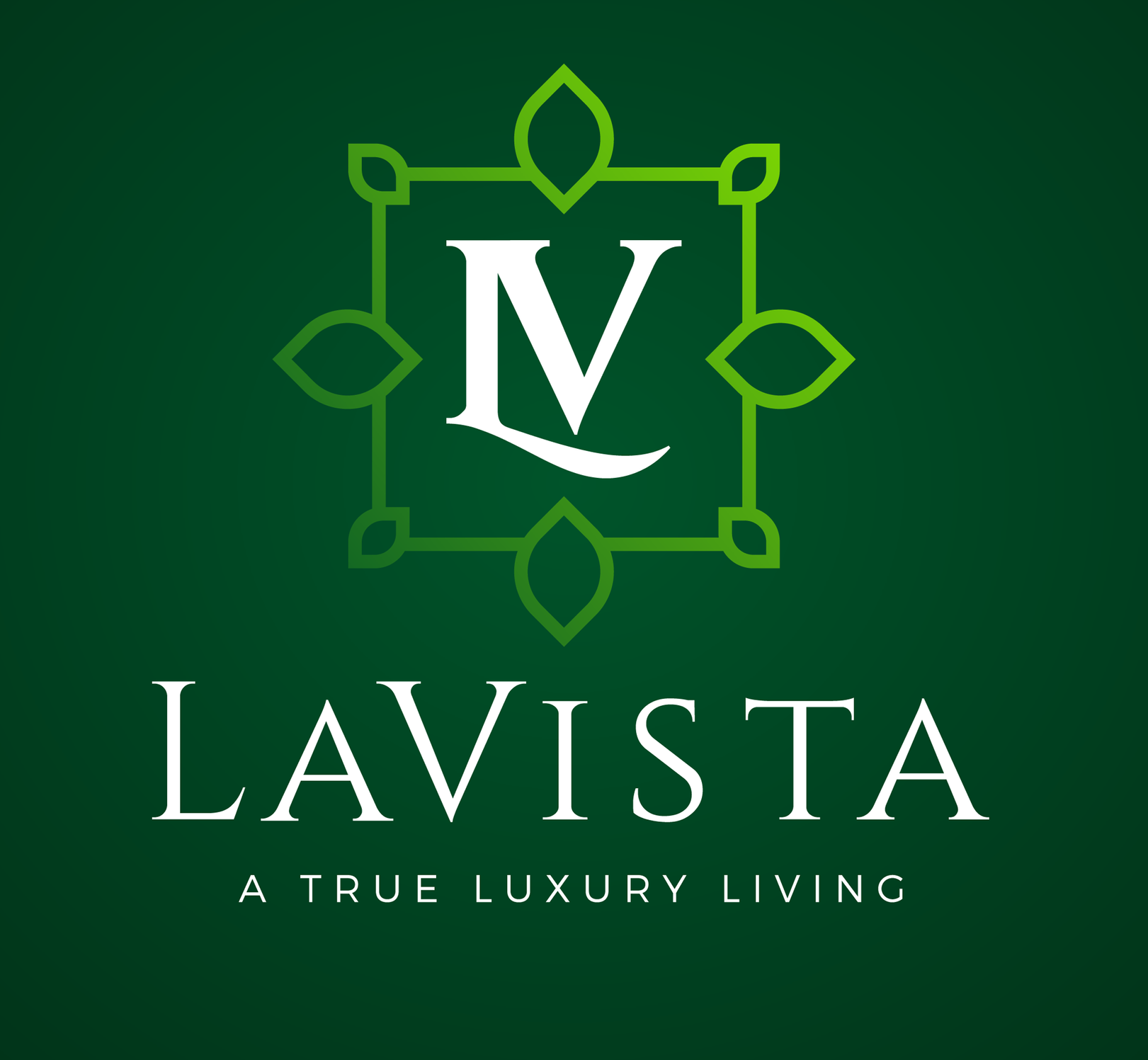 Logo for LaVista, a luxury living brand; a square with leaves around LV initials.