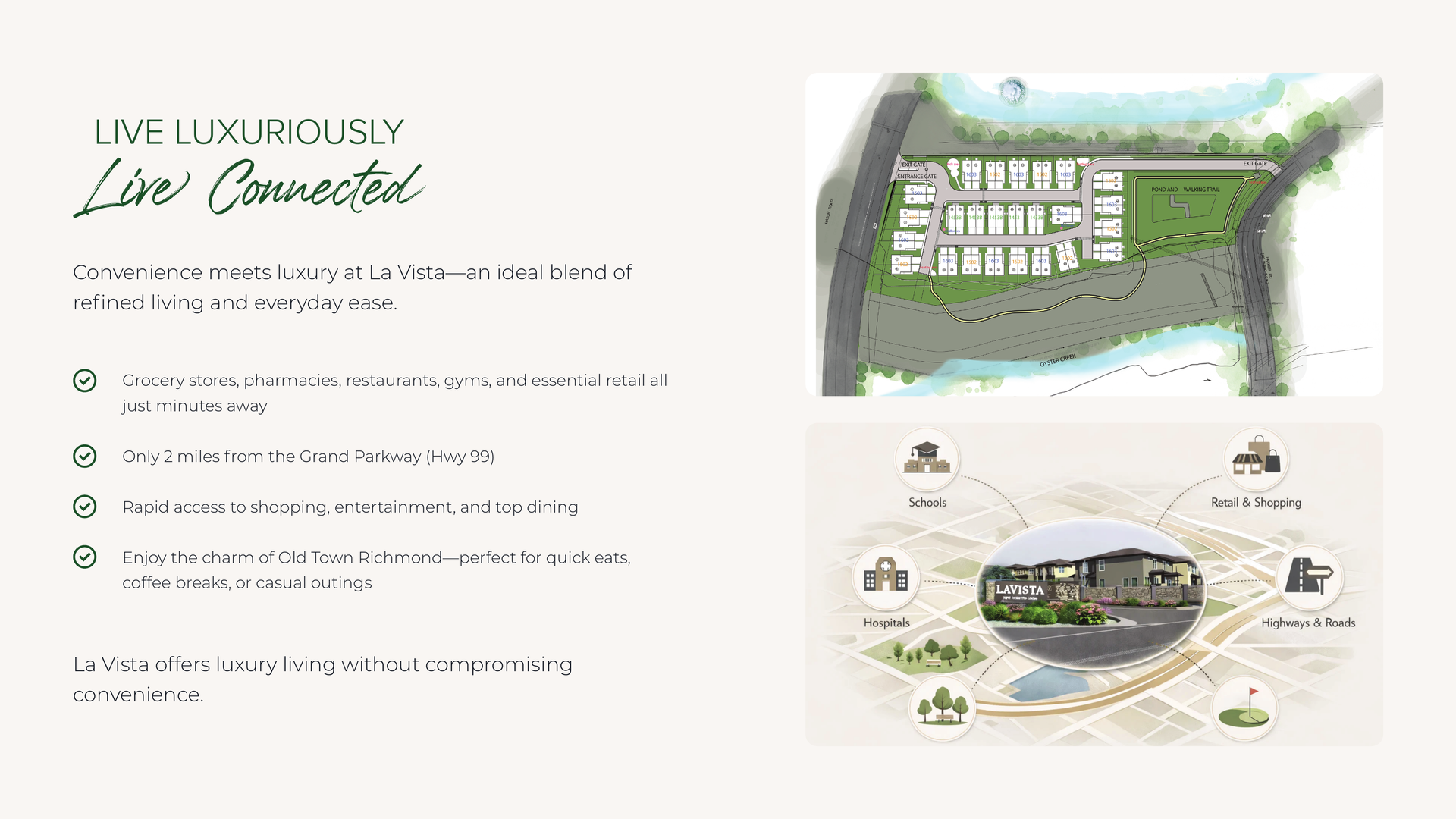 Advertisement promoting luxury living; houses, map, and amenities illustrated.