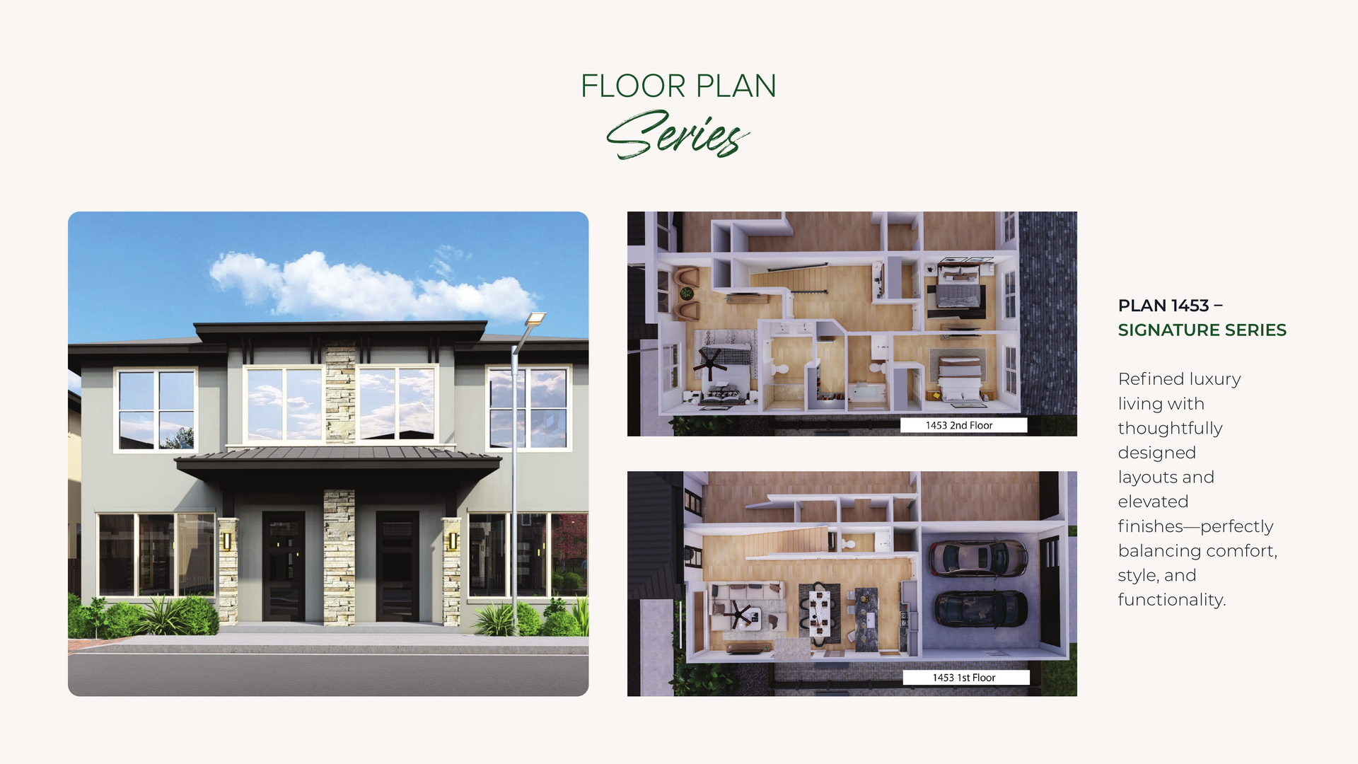 Exterior of a multi-unit residential building with floor plan schematics.