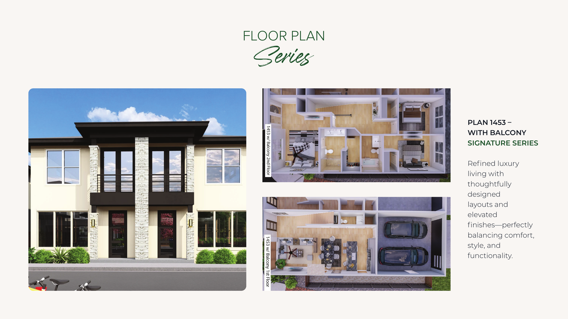 Exterior of a multi-unit building with floor plans.
