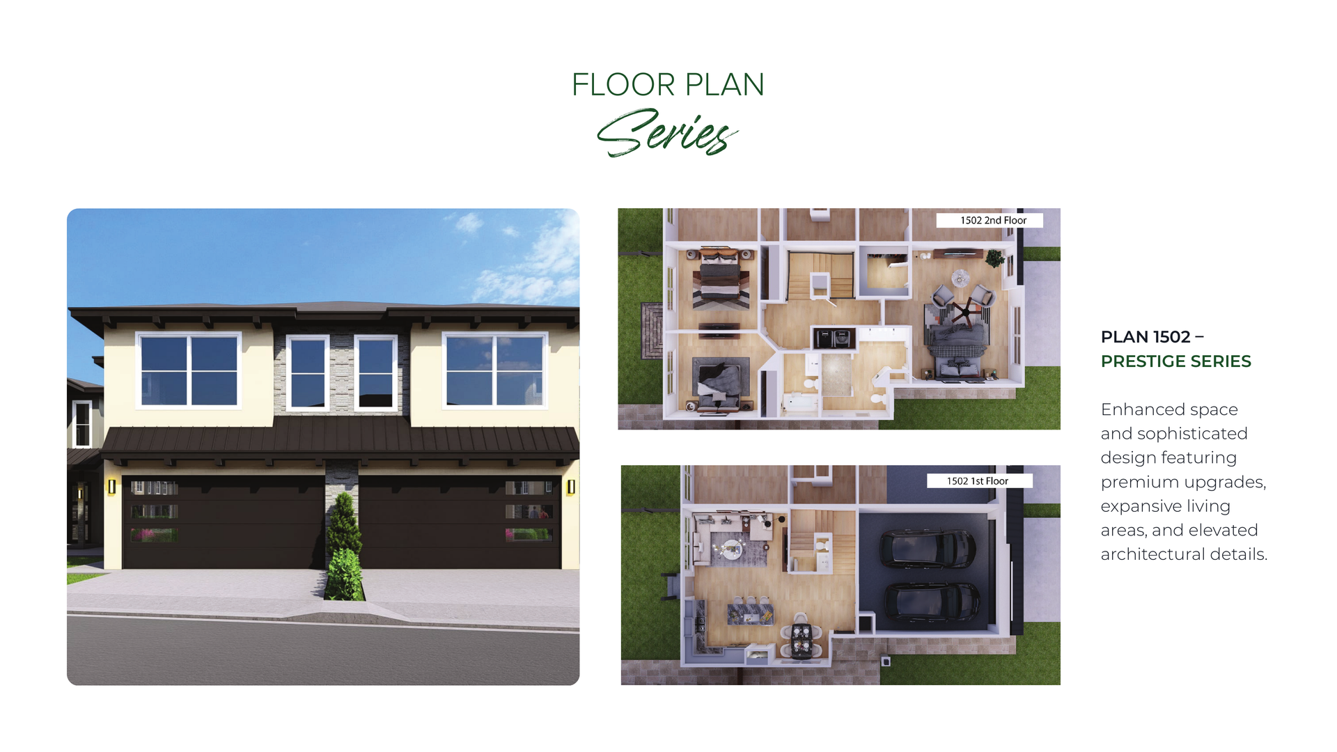 Floor plan for a series of townhouses, with exterior rendering and interior layouts.