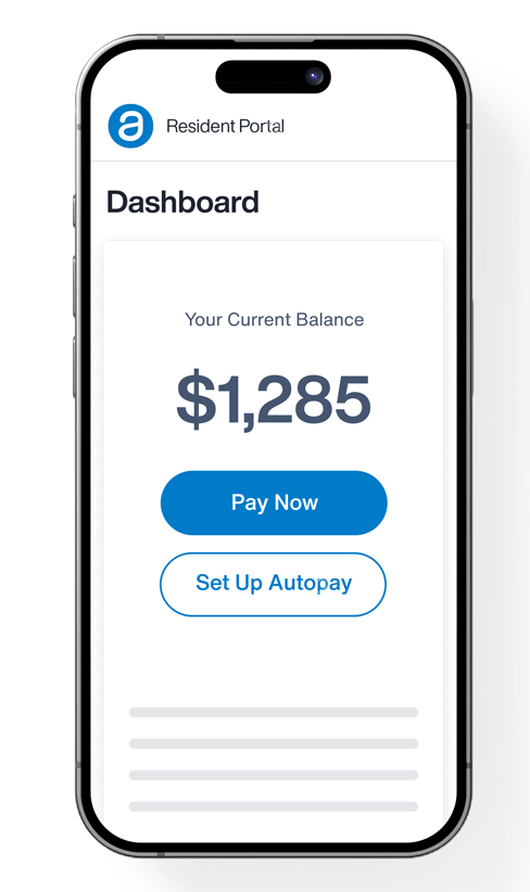 Phone screen showing resident portal dashboard with a balance of $1,285, 