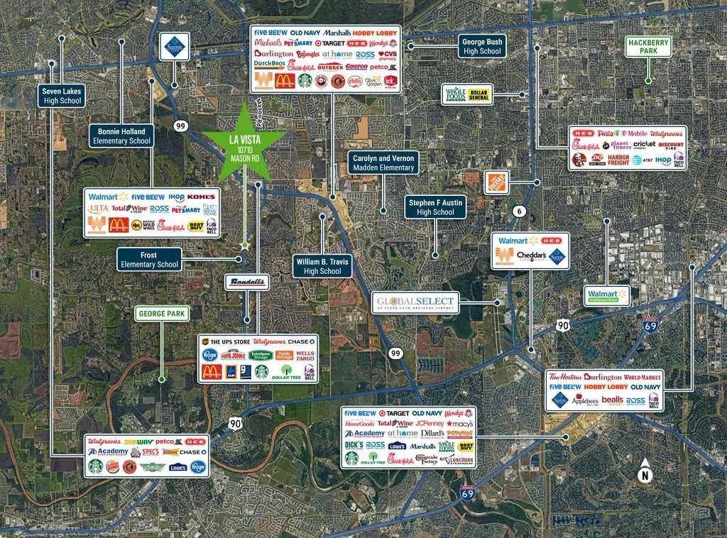 Map of an area with labeled businesses, roads, and landmarks.