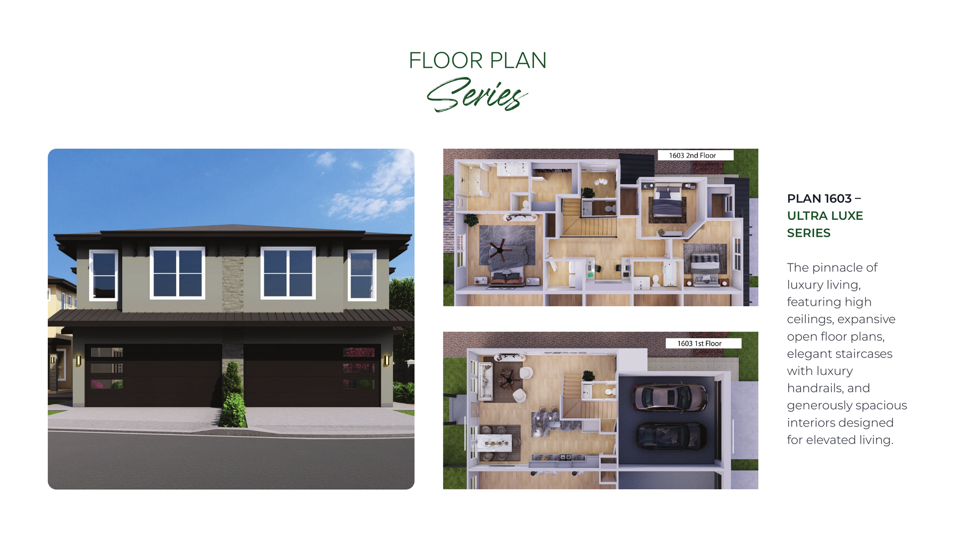 Exterior view of a two-story house with garage doors, next to floor plans showing layout.